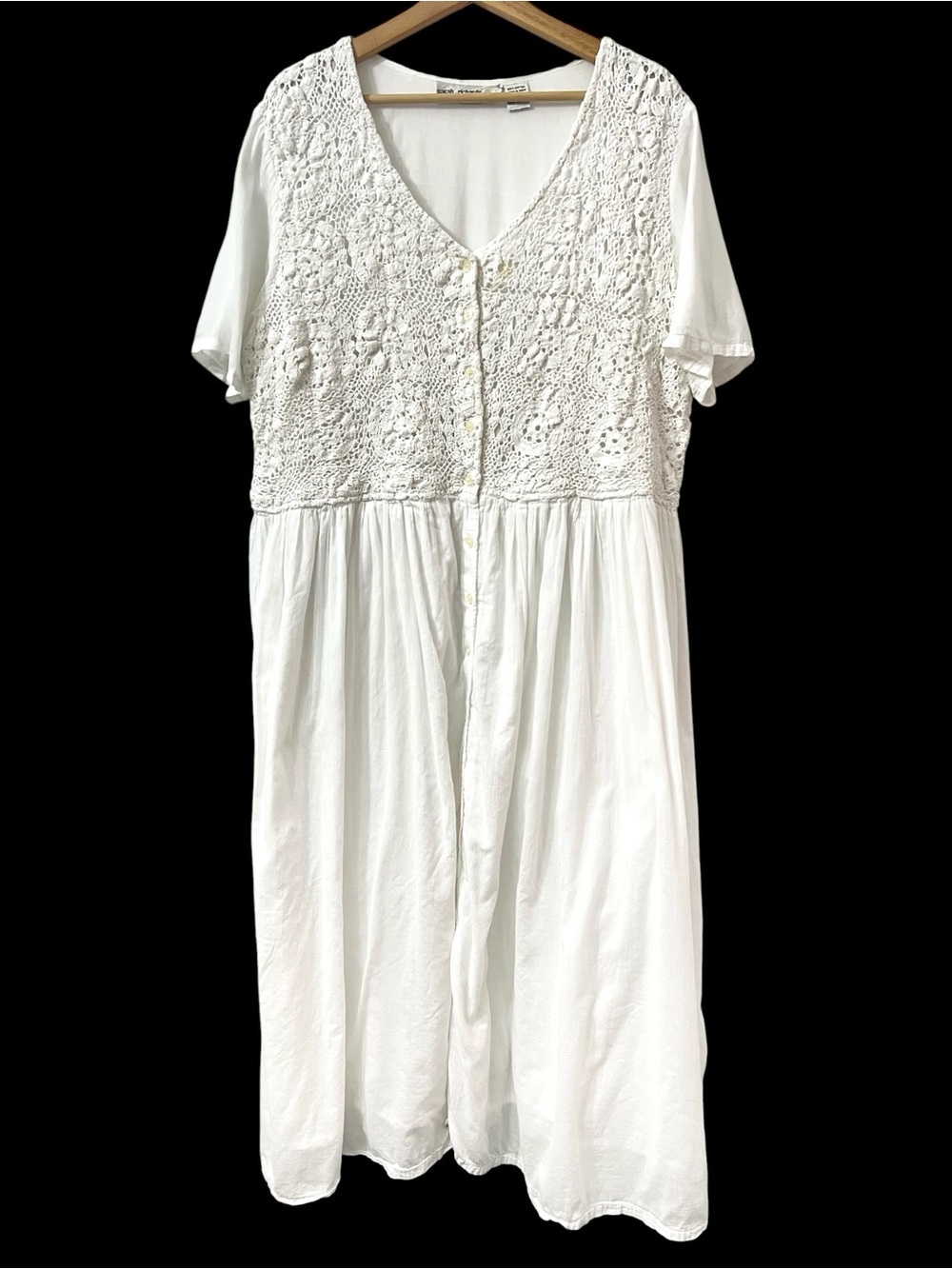 Vtg 90s Lace Crochet Button Up Maxi Dress Women 1X Cottage Boho Coquette Fairy
